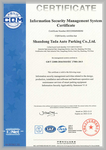 Information Security management of tada auto parking for iso27001 for mechanical parking