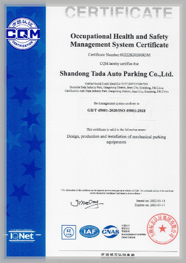 Tada Health & Safety Management certification ISO45001 for mechanical parking