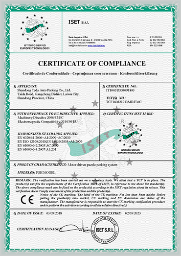 Tada CE certification for puzzle parking