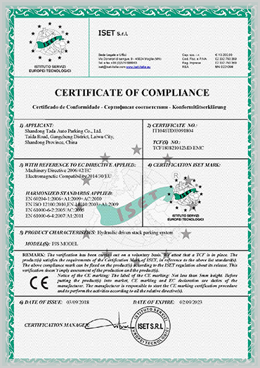 Tada CE certification for stack parking