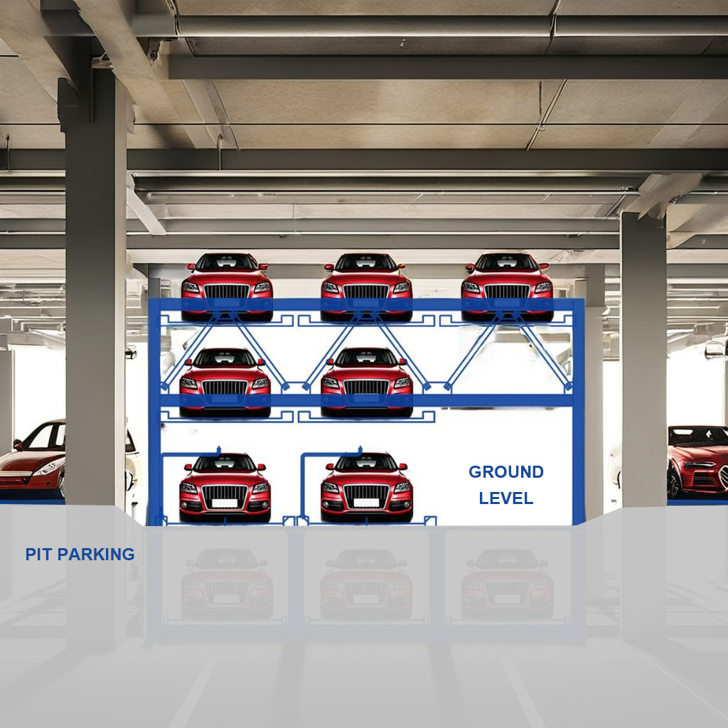 1-story under ground and 3-story on the ground view of 4-story parking lit from the front