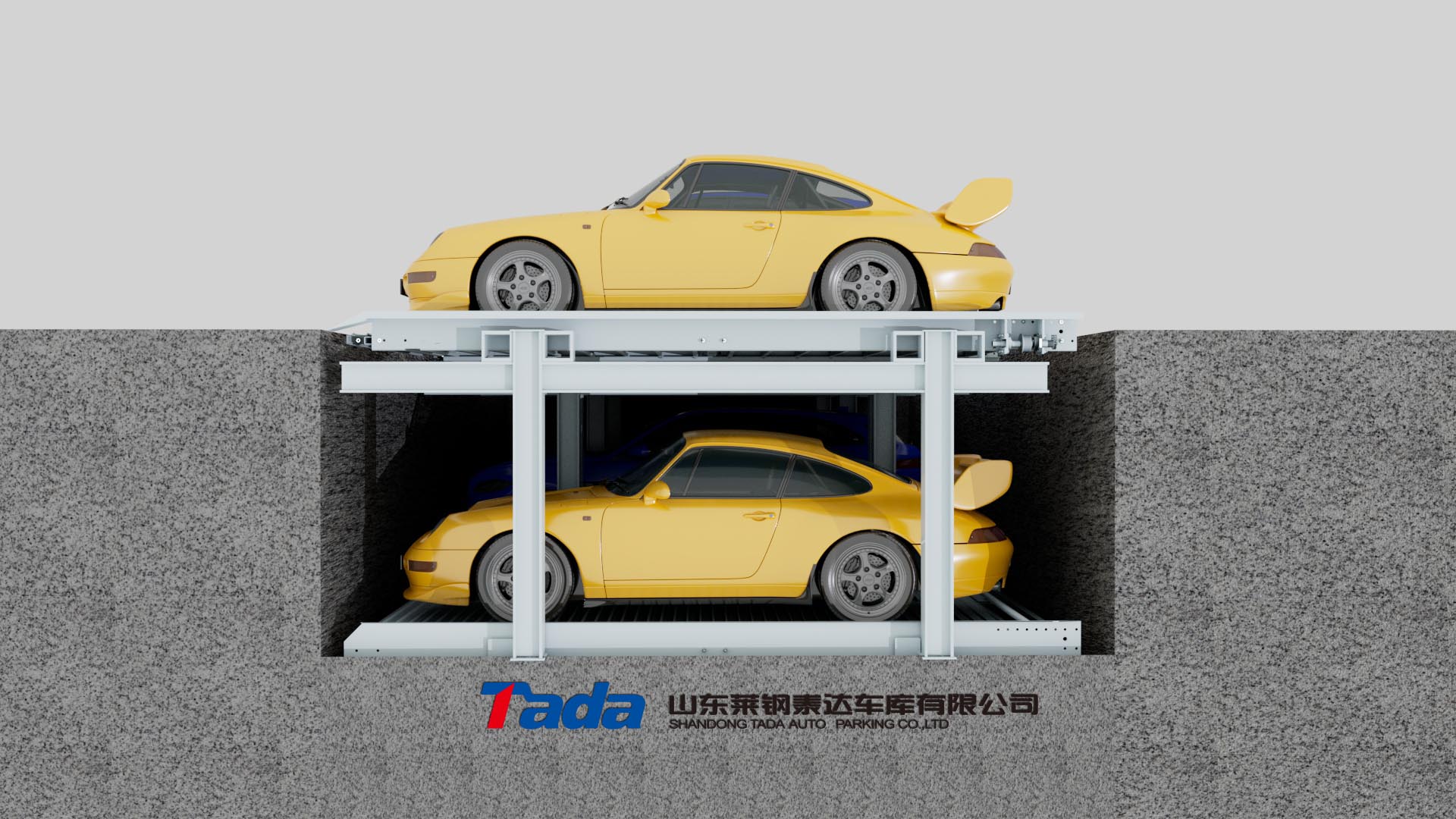 Section view of double car stacker parking lit from the side